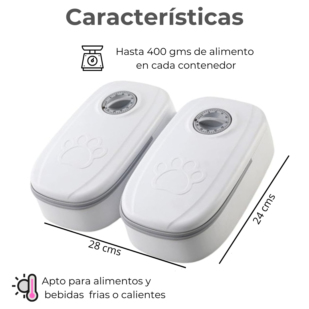 Medidas del comedero programable: 28 x 24 cms. Capacidad: Hasta 400 gms en cada contenedor